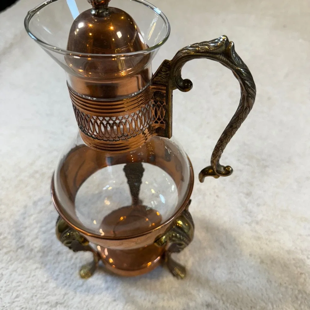 Vintage Copper and Glass Coffee Carafe Decanter with Ornate Warming Stand Set